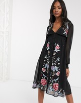 Thumbnail for your product : ASOS DESIGN DESIGN embroidered long sleeve button through midi dress with shirred waist in black
