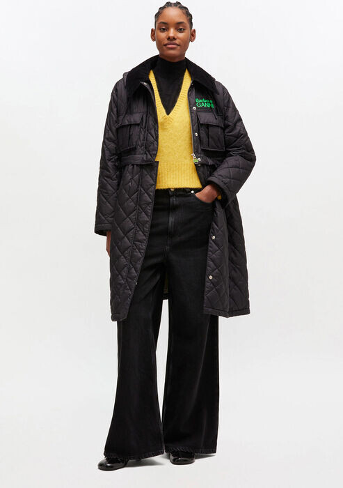 Ganni Quilted Long Coat in Black