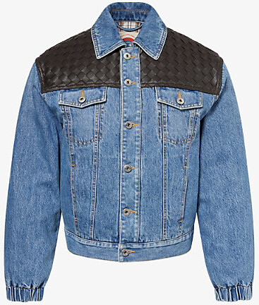 Bottega Veneta Womens Mid Blue Leather-Panel Regular-Fit Denim-Down Jacket 10