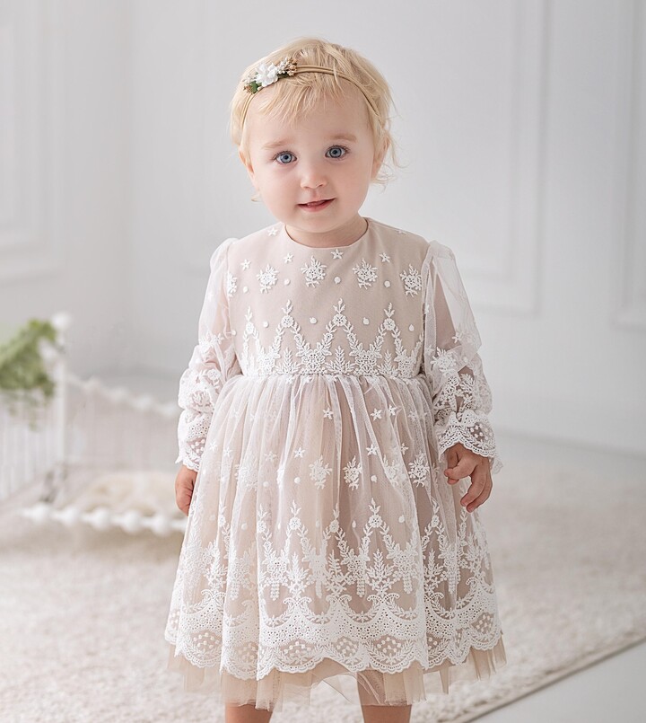 Christening Gown, Baptism Dress, Boho Lace Flower Girl Dress, Princess Tulle Gown