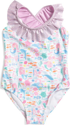 TJMAXX Girls Upf 50 Fantasea Mermaids Ruffle Cross Back One-Piece Swimsuit, Spandex/Polyester
