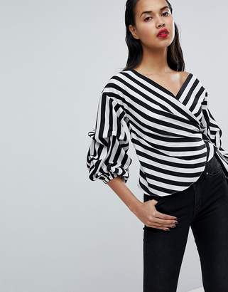 Missguided Striped Exaggerated Sleeve Wrap Top