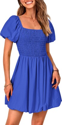 Kirundo 2023 Women's Summer Square Neck Smocked Puff Sleeve Mini Dress Off Shoulder Ruffle A-Line Puffy Short Dresses(Blue