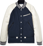 Thumbnail for your product : White Mountaineering Leather-Trimmed Patterned Cotton Bomber Jacket