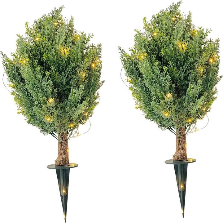 2-Pack 2.46 ft. Artificial Trees with Ground Spike, 30 in. Artificial Cypress Shrub Ball Trees Plants w/ Lights, Outdoor