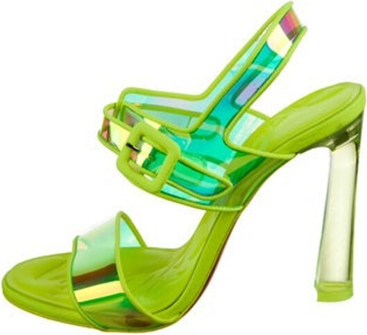 Christian Louboutin PVC Slingback Sandals Green & Yellow Leather Trim Embellishment Mary Jane Strap & Buckle Closure at Ankles Designer
