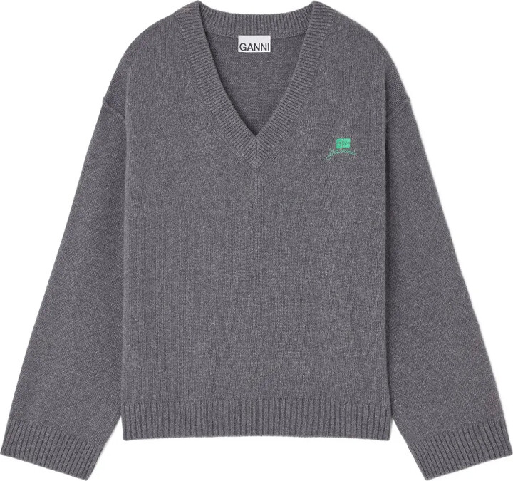 Ganni V-neck logo sweater