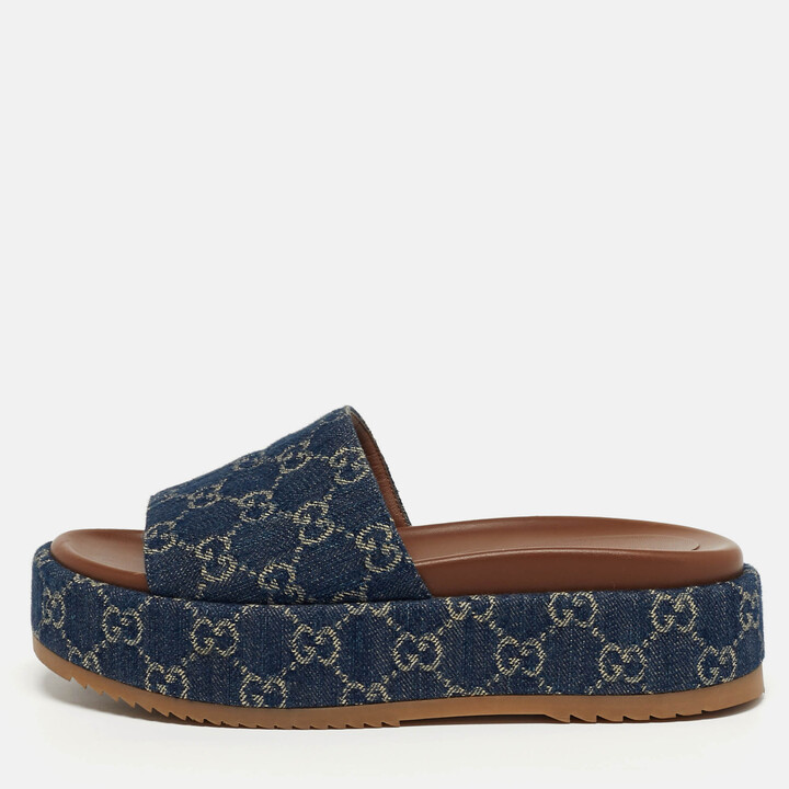 Gucci Size 38.5 Navy Blue GG Denim Platform Slide Sandals