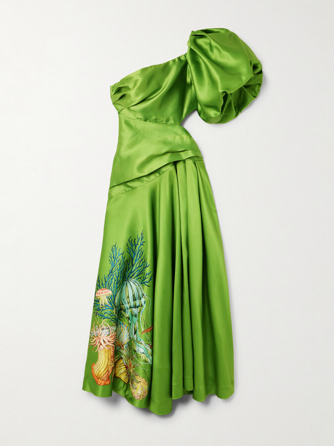 ALÉMAIS ALÉMAIS - + Sam Pauletto Aquatica One-shoulder Gathered Printed Recycled Satin-twill Dress - Green