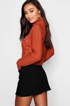 boohoo Petite Roll Neck Cable Knit Crop Sweater
