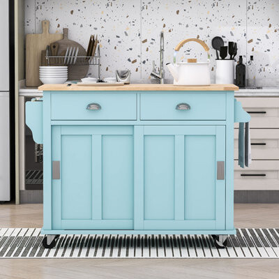 Yocelin Kitchen Cart with Drop-Leaf Countertop, Kitchen Island on 4 Wheels with 2 Drawers