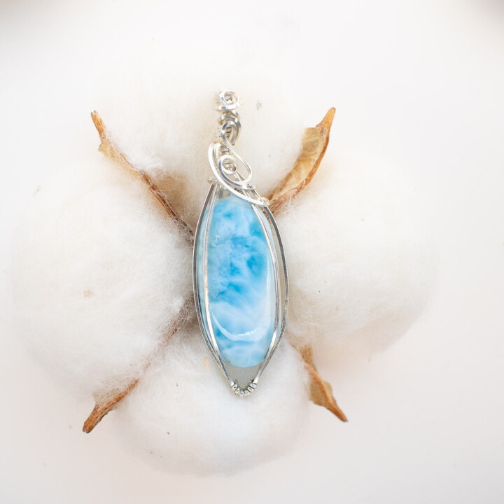 Aaa Larimar Pendant Sterling Silver Wire Wrapped Healing Stone