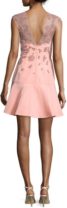 Monique Lhuillier Beaded Cap-Sleeve Illusion Dress, Rose Pink