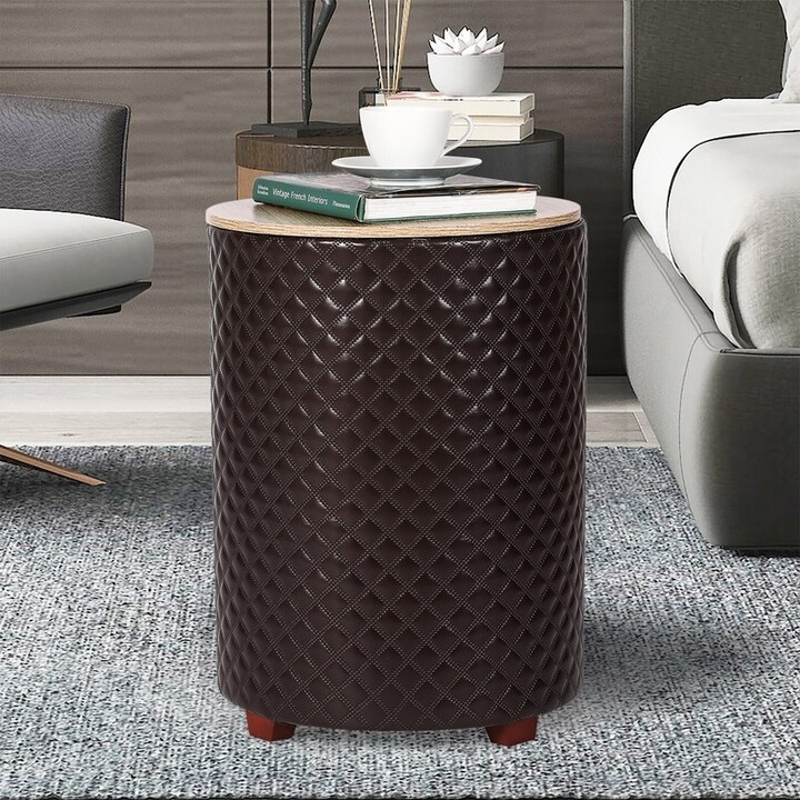 Adeco Storage Ottoman Seat Stool Side Faux Leather End Table Wood Lid