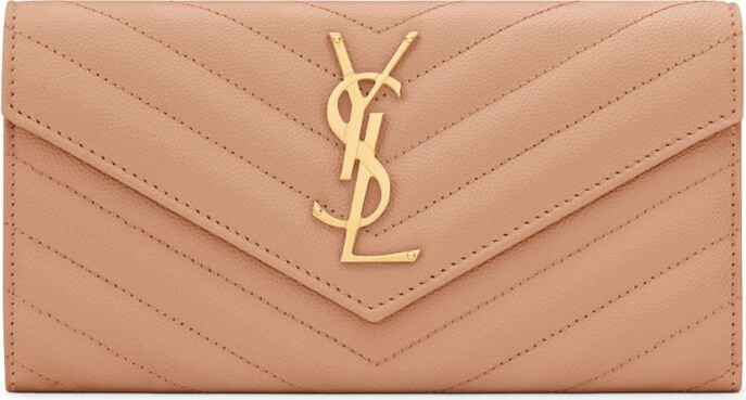 Saint Laurent Long Wallet YSL Monogram Large Flap Pink Leather V-stitch