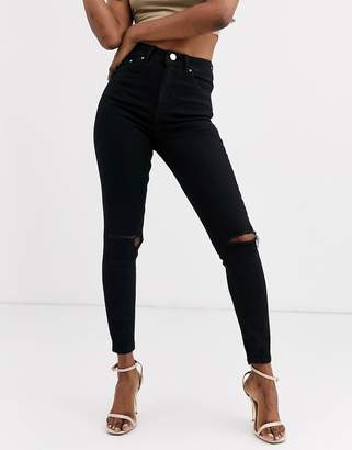 ASOS Design Ridley High Waist Skinny Jeans In Clean Black With Ripped Knees