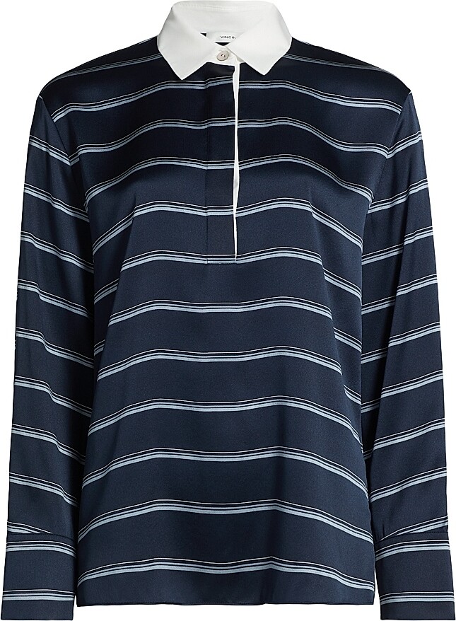 Vince Women's Silk Striped Rugby Shirt - Coastal Slate - Size Large