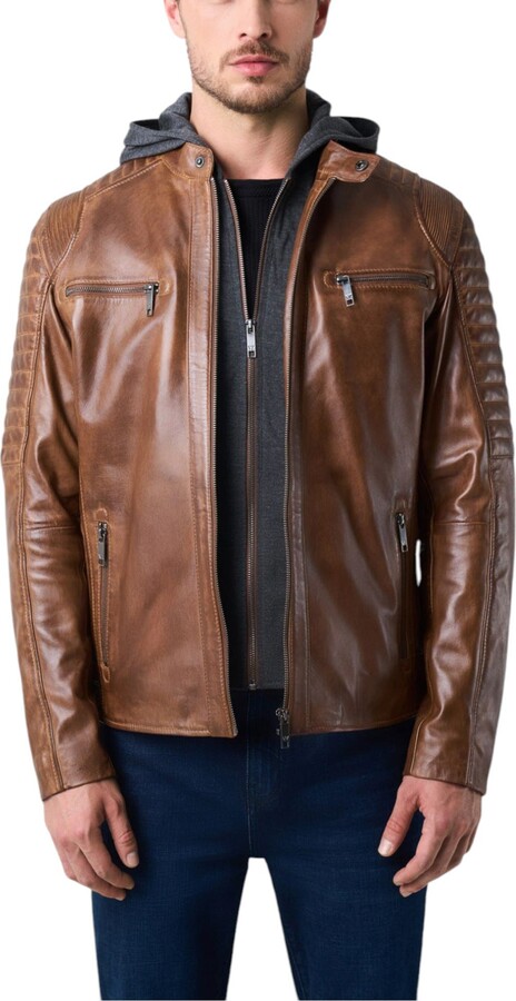 Velez Belmont Leather Jacket for Men with Hood and Chestpiece