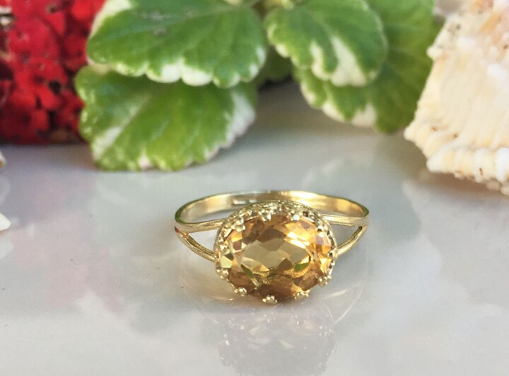 Etsy Champagne Citrine Ring - November Birthstone East-West Oval Natural Gemstone Bezel Vintage Crown Gold Band