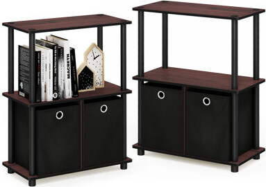 Furinno Go Green 3-Tier 2-Bins Multipurpose Storage Shelf, Dark Cherry/Black/Black, Set of 2