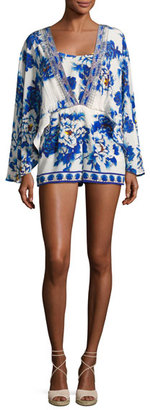 Camilla Long-Sleeve Cape Playsuit, Ring Of Roses