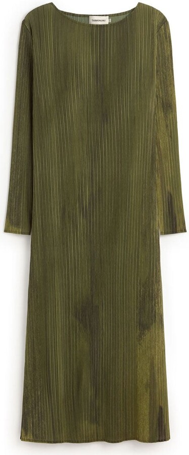 Thinking Mu Green Pleated Midi Myrtle Dress