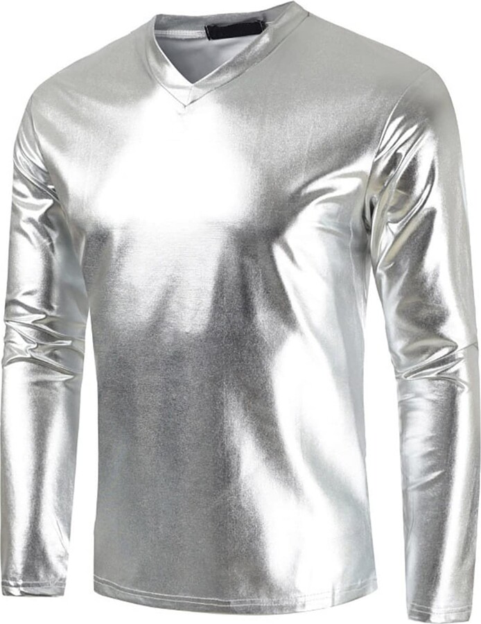 Mi Manchi Mens Metallic Gold Shiny Nightclub Styles Dress Shirts Silver ...