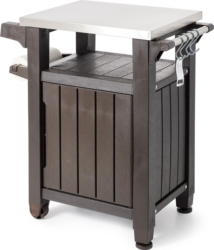 Keter Unity 40 Gal Patio Storage Grilling Bar Cart w/ Stainless Steel Top, Brown