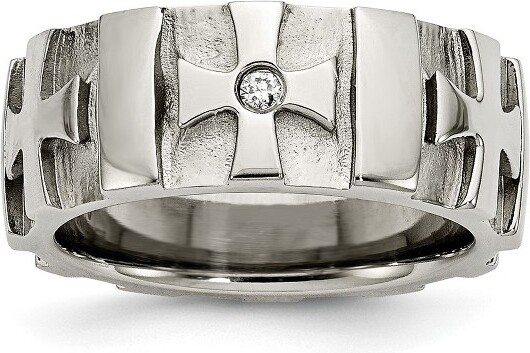 ChiselStainlessSteelBrushedandPolished3ptDiamondCross9mmBandRing