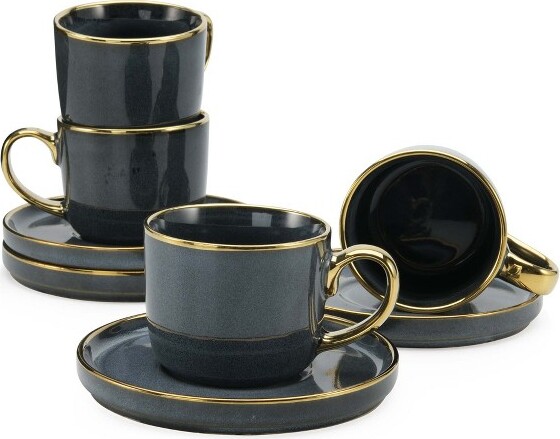 American Atelier Stackable Stoneware 16 oz. Coffee Mugs Set, Cups for Kitchen Countertop, Tabletop, Island, Set of 4,Multicolor w/ Gold Rim