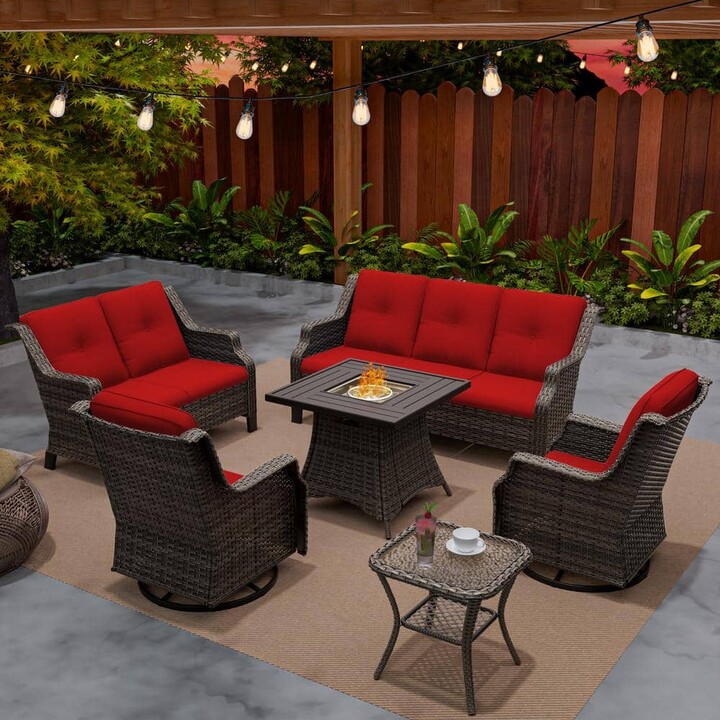 MeetLeisure 6-Piece Rattan Wicker Outdoor Patio Fire Pit Seating Sofa Conversation Set with Red Cushions and Swivel Chairs