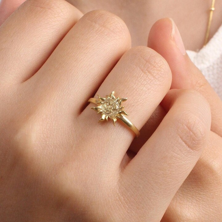 Etsy Dainty 10K Solid Gold Sunburst Ring Celestial Minimalist Band For Quiet Luxury Summer Style
