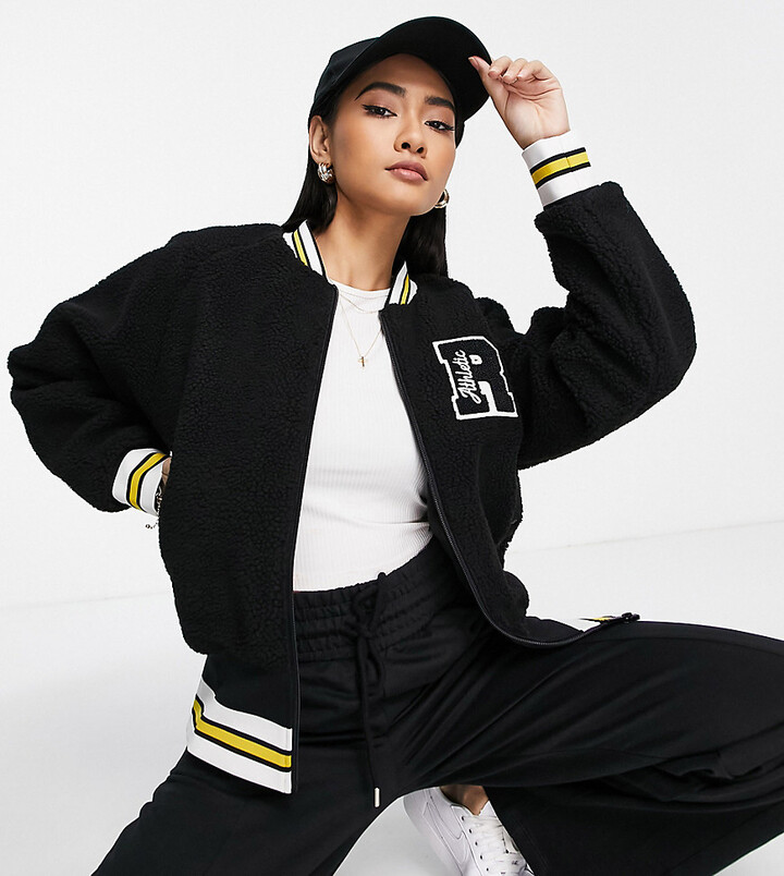 Russell Athletic faux lambswool bomber jacket in black ShopStyle