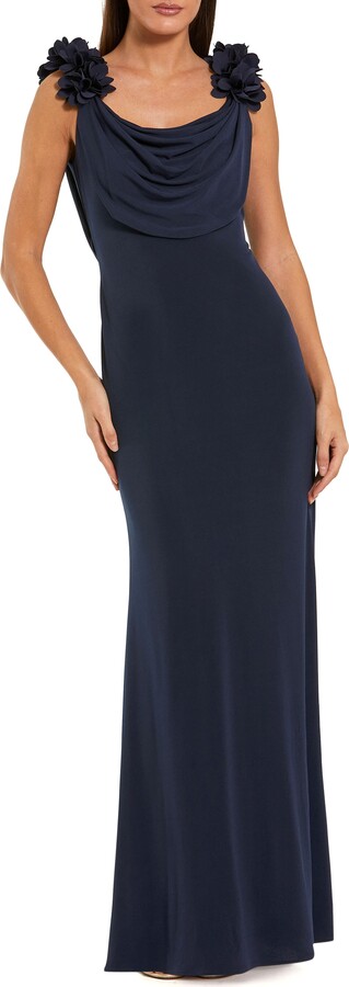 Mac Duggal Jersey Cowl Neck Gown With 3D Flower Straps