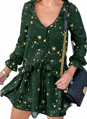 LOSRLY Womens Shimmer Ruffle Dress V Neck Long Sleeve Stars Print Midi Dress Casual Short Dress Green