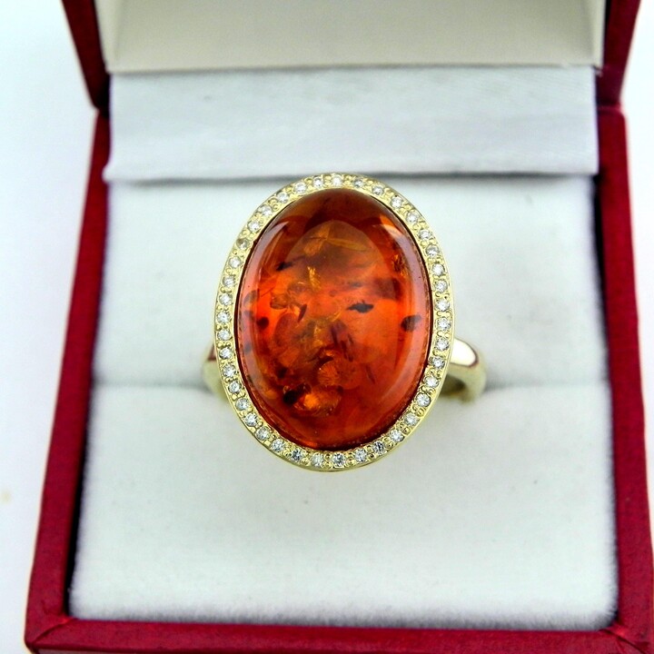 Etsy Aaaa Amber 18x13mm 5.43 Carats 14K Yellow Gold Diamond Halo Cabochon Ring. 9 Grams 1525