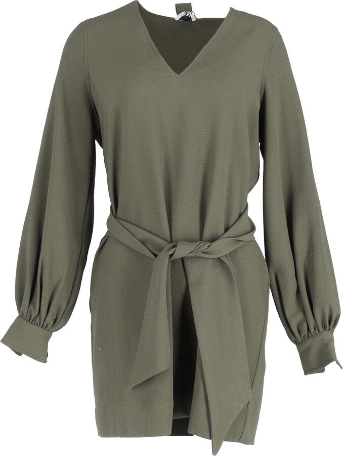 Ganni Tie-Neck Crepe Mini Dress in Green Polyester