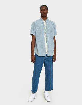 orSlow Stand Collar Short Sleeve Shirt in Blue Denim Hickory Stripe