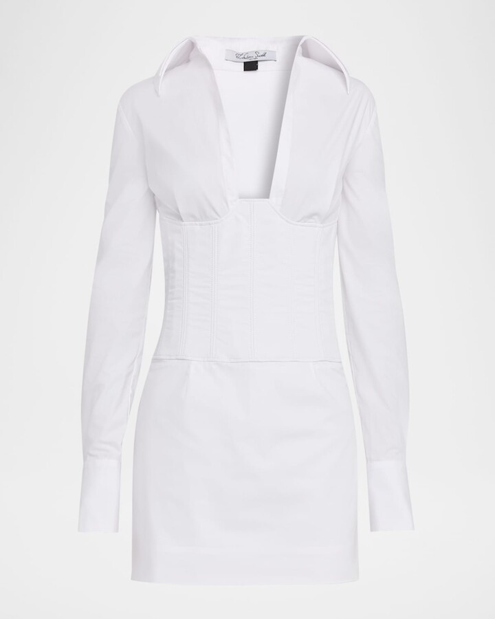 LaQuan Smith Double-Collar Corset Long-Sleeve Mini Shirtdress