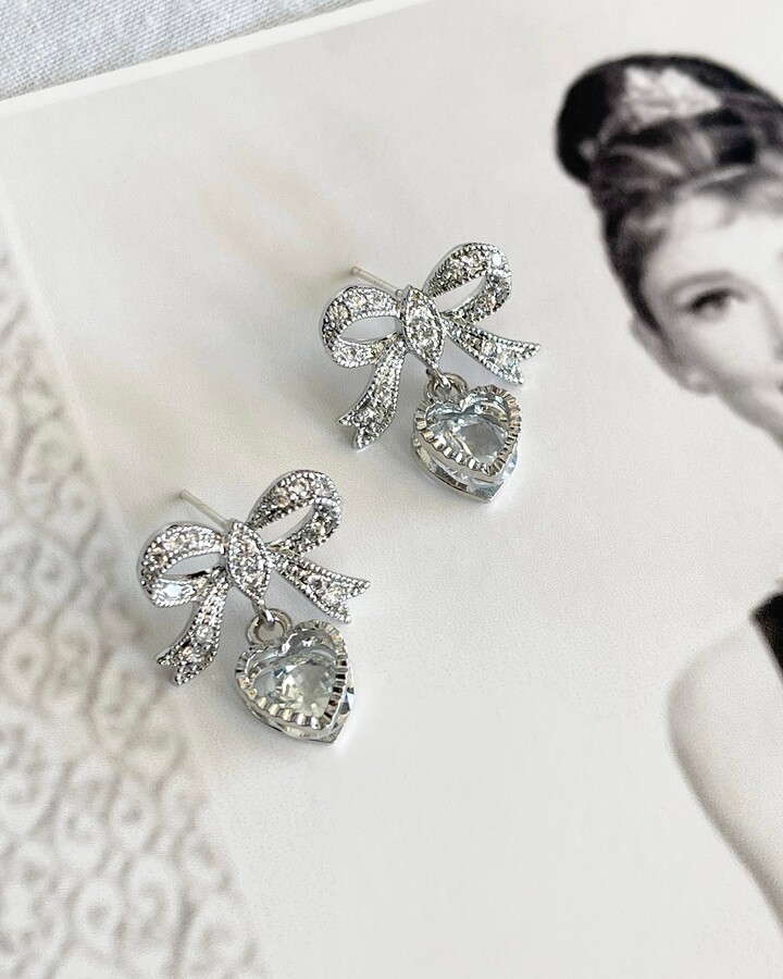 Etsy Bow Heart Earrings Rhodium Cubic Zirconia Marie Antoinette Style