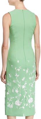 Oscar de la Renta Jewel-Neck Sleeveless Floral-Embroidered Sheath Midi Dress
