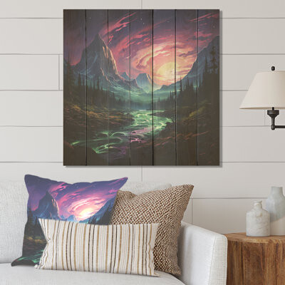 Millwood Pines Pink Aurora Borealis Mountains - Winter Mountains On Wood Print