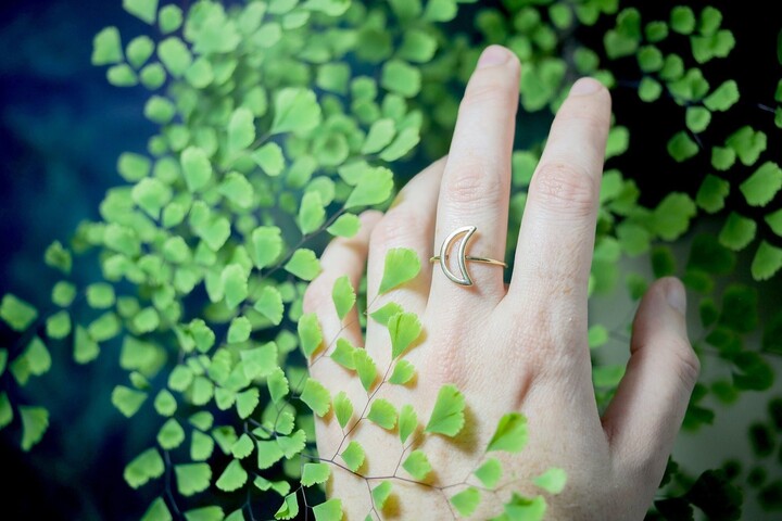 Crescent Moon Ring | Lunar Celestial Astrology Jewelry Gold Tone Brass Minimalist Silhouette Outline Boho Witchy Fairycore Goddess