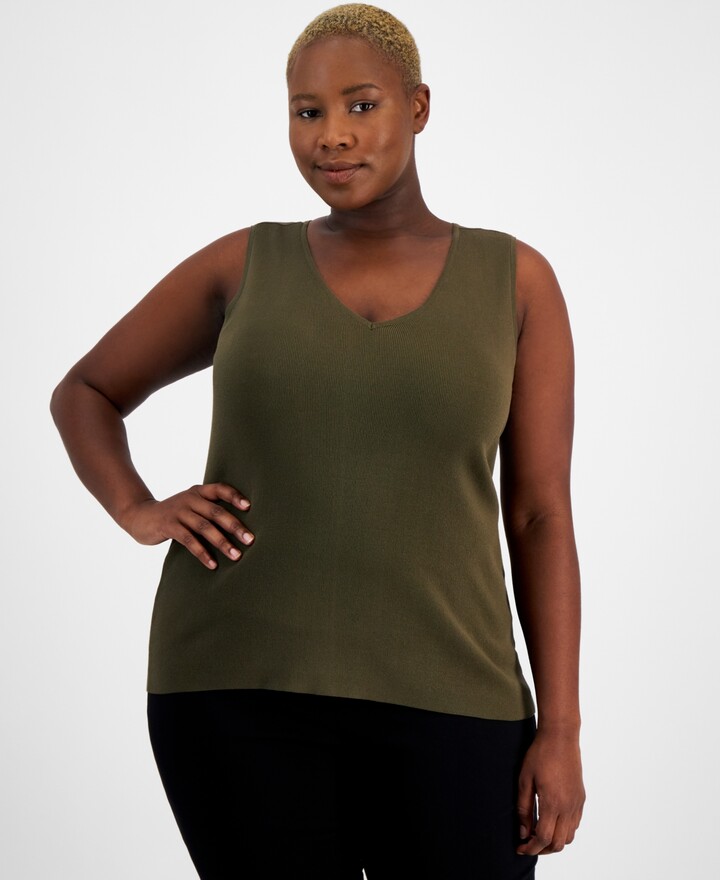 Tahari ASL Plus Size V-Neck Sleeveless Tank Top Loden ShopStyle