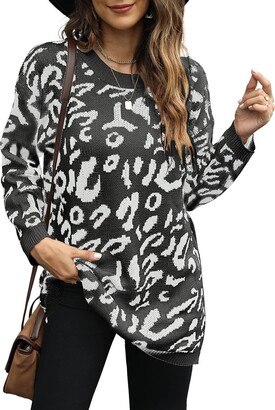 Bofell Winter Sweaters for Women Leopard Print Tops Long Sweaters for Leggings Oversized XL