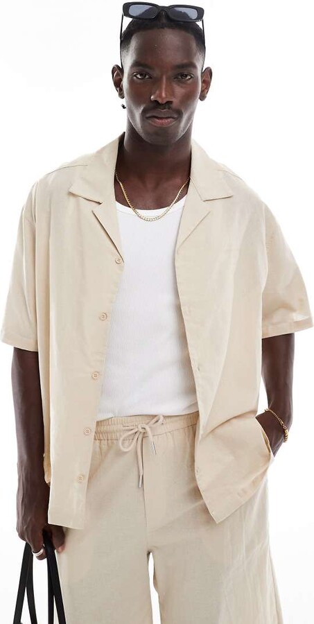 Sixth June short sleeve oversized linen shirt in beige - part of a set