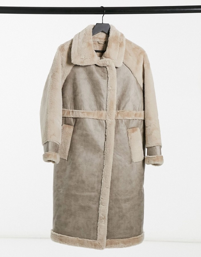 Vila longline faux fur coat with panelled detail in beige - ShopStyle