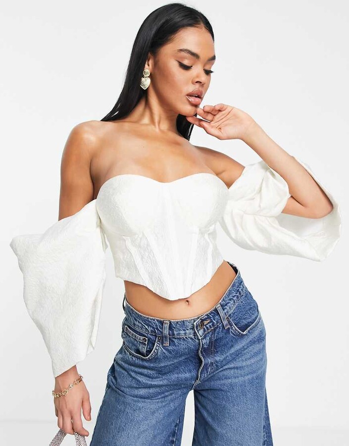 ASOS Luxe extreme Bardot sleeve corset top in white ShopStyle