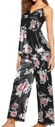 Rikay Ladies Pyjamas Satin Silk Two Piece Luxury Pjs Sets for Women  Off-Shoulder Printed Lace Pajamas V-Neck Vest Trousers Set Sleepwear Black  - ShopStyle