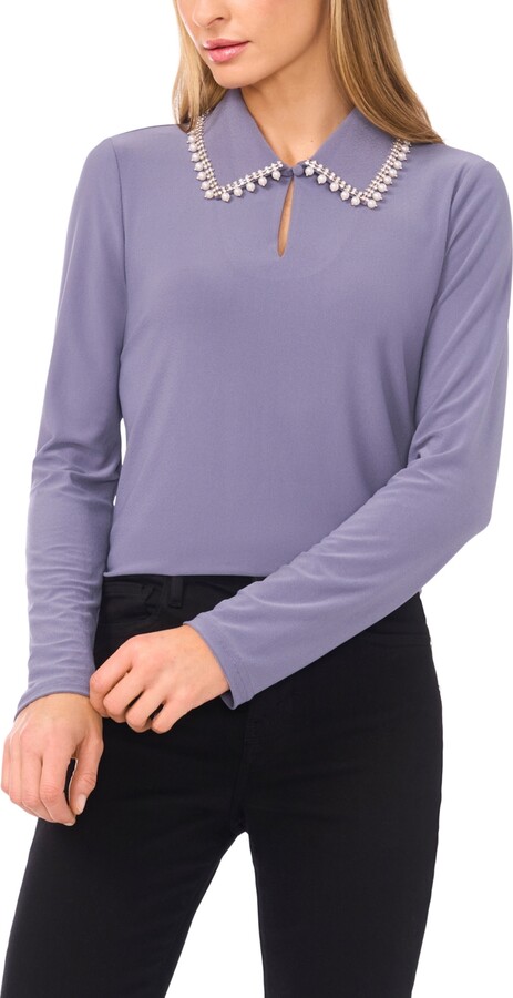 CeCe Women's Rhinestone Embellished Long Sleeve Collared Top